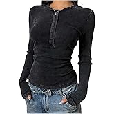 WDIRARA Women's Henley Tunic Shirts Crew Neck Long Sleeve Tees Basics Rib Knit Fitted Tops