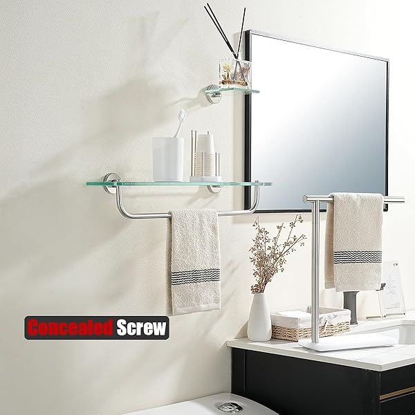 JQK BATHROOM GLASS SHELF, SHELF WITH 19 INCH TOWEL BAR TEMPERED GLASS SHOWER STORAGE 20 BY 5 INCHES, 304 STAINLESS STEEL BRUSHED FINISH WALL MOUNT, TGS100L20-BN