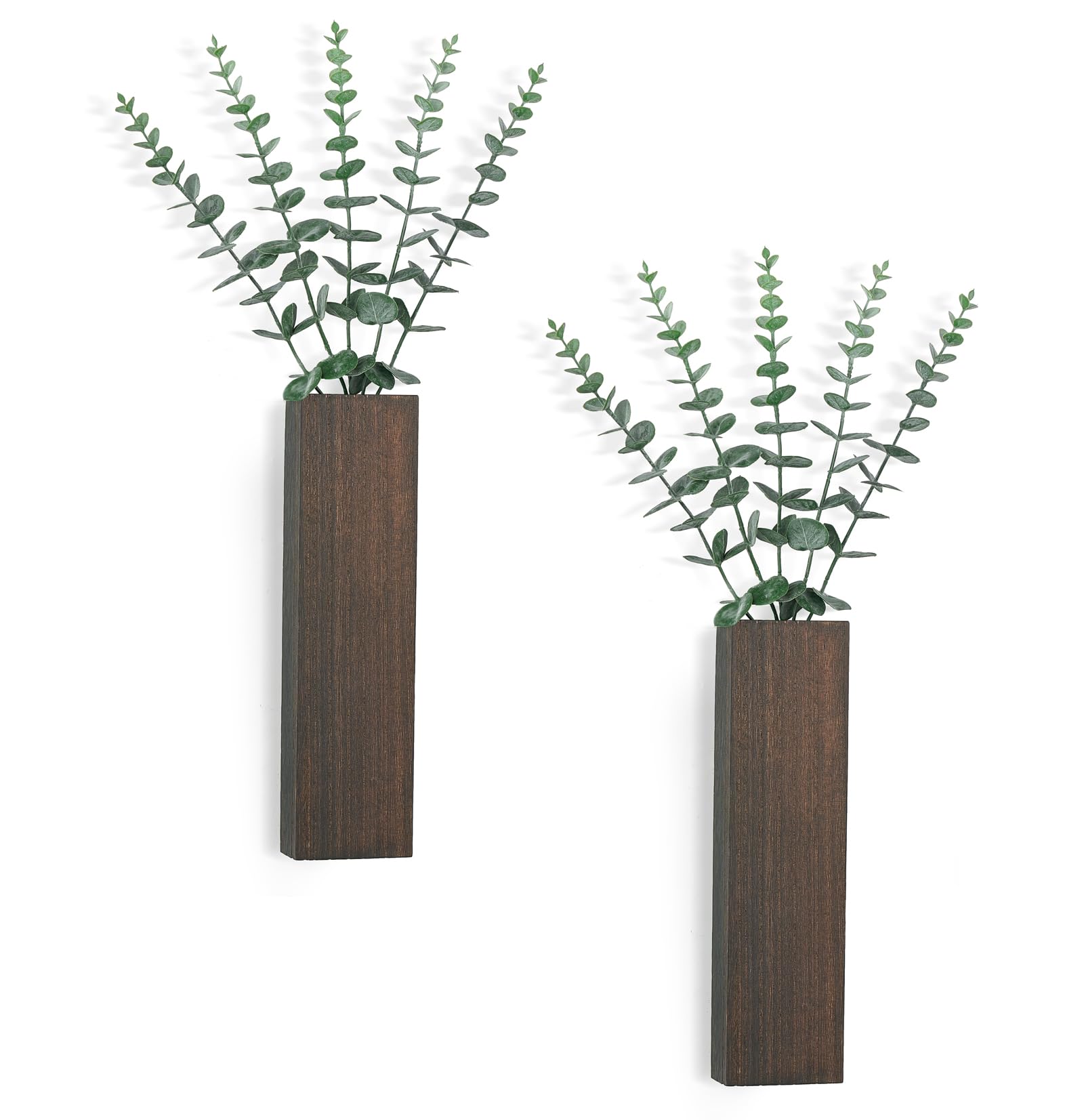 Photo 1 of Dahey 2 Pack Small Wood Wall Planter Vase with Artificial Eucalyptus Farmhouse Wall Hanging Decor Planter for Indoor Fake Plants Greenery, Living Room Bedroom Kitchen Home Office Decoration, Brown