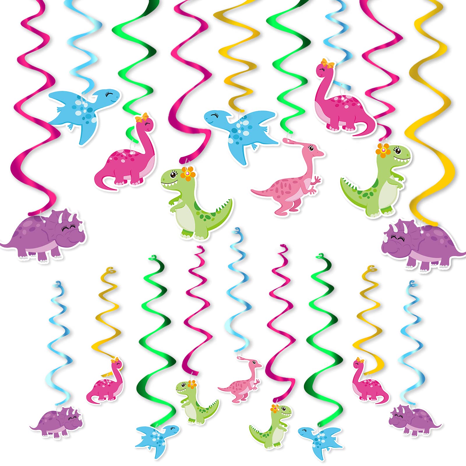WERNNSAI Girls Dinosaur Hanging Swirl - 20 PCS Dino Birthday Party Decorations for Kids Baby Shower Dinosaur Themed Party Supplies Hanging Whirls Spiral Streamer Ceiling Decor