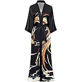 PRODESIGN Long Kimono Robe Satin Sleepwear Phoenix Handprinted Silky Nightgown Bathrobe Blouse Cardigan for Women