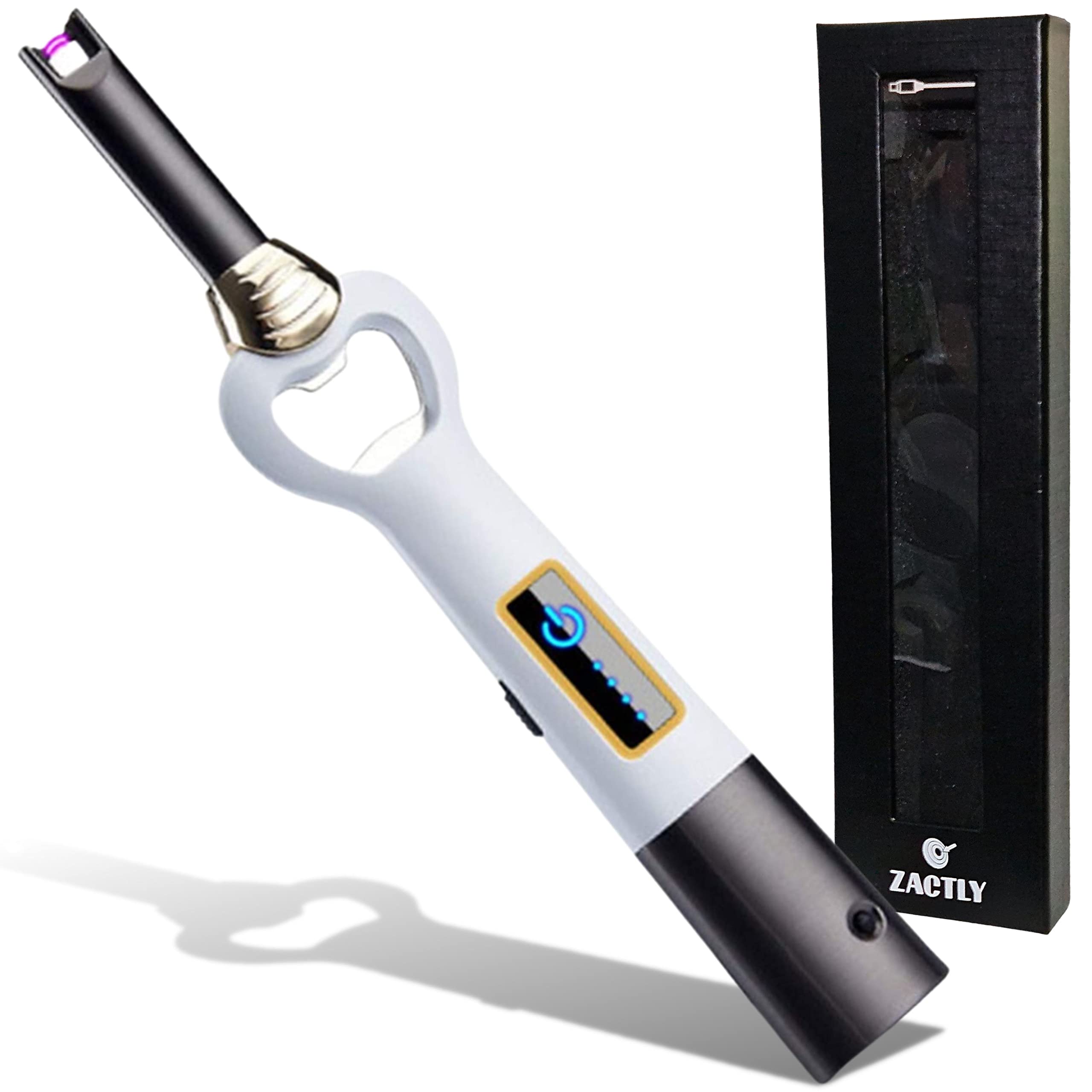 Zactly MODEL AL08 Electric Candle Arc Lighter Portable USB Rechargeable, Bottle Opener, LED Flashlight, Long Nose Windproof Flameless for Kitchen, BBQ, Camping, Hiking & Outdoor Survival Tool (WHITE)