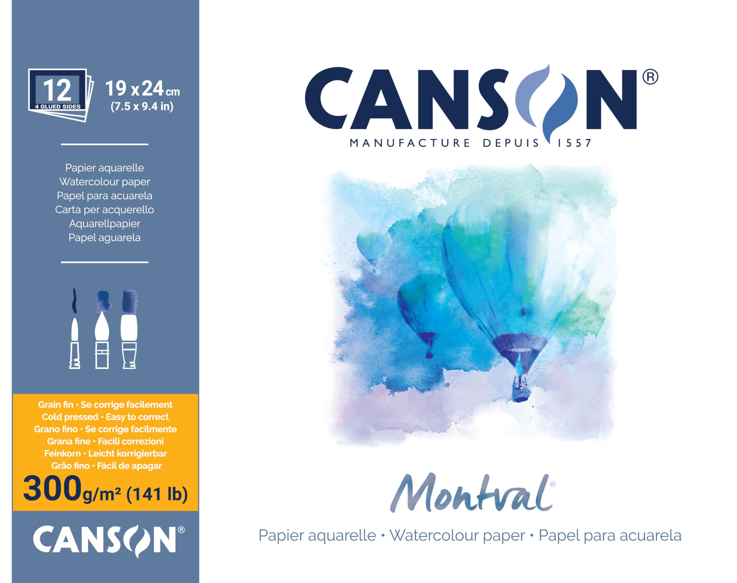 CANSON Montval 19 x 24 cm Fine Watercolour Paper, 300 g/m², Glued All Around Pad, White, 12 Sheets