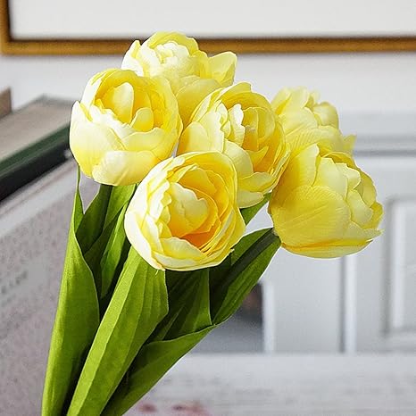 Amazon Mlsg人工花フランス語手書きチューリップシルク花6個のウェディングブーケflower Arrangementホームインテリアパーティー花柄センターピース装飾 イエロー 造花 オンライン通販