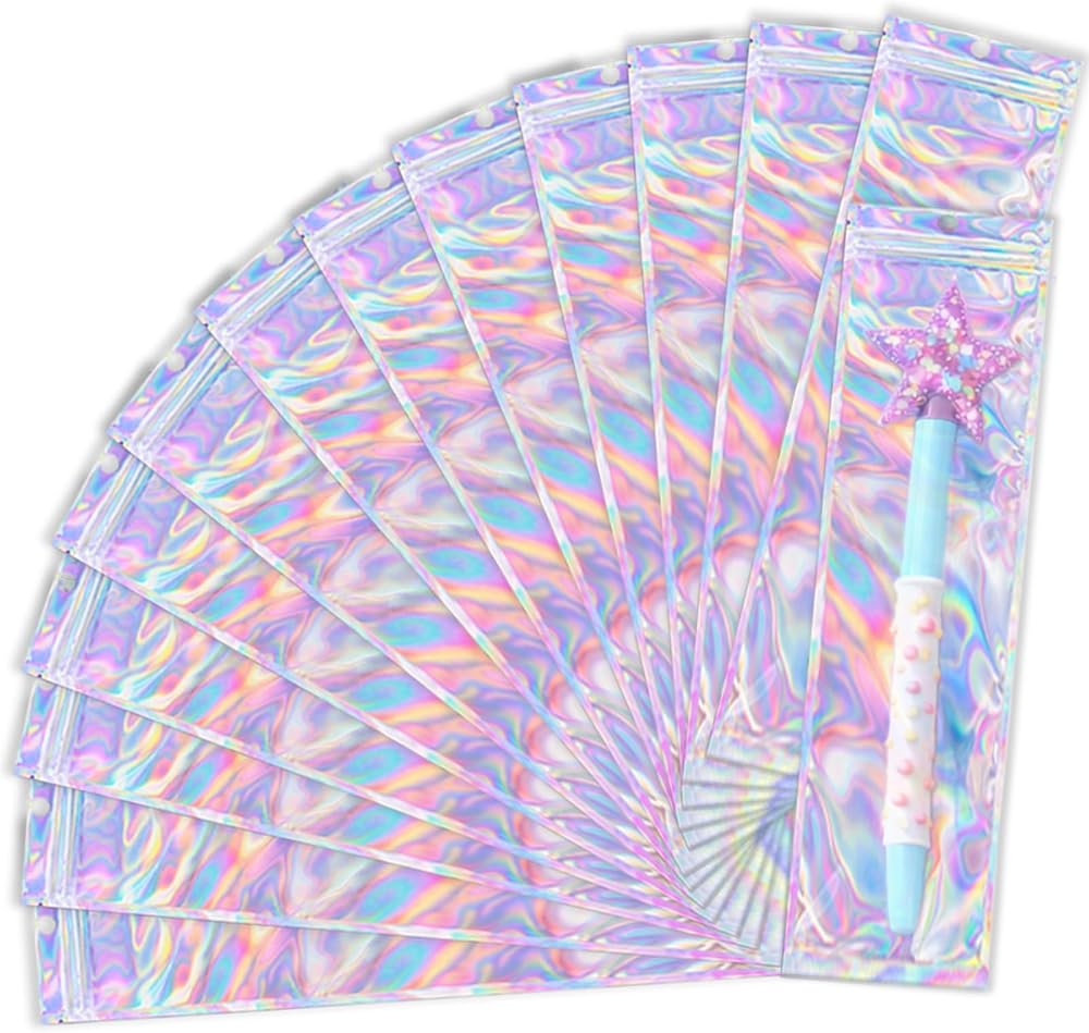 UWJIX Mylar Pen Bags 2.4x9 Inch,100 PCS Small Clear Zipper Resealable Smell Proof Baggies,Holographic Plastic Pen Packaging B