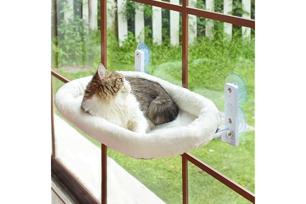 AMOSIJOY Cordless Cat Window Perch, Cat Hammock for Window with 4 Strong Suction Cups, Solid Metal Frame and Soft Cover, Fold