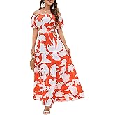 Zeoleviy Women's Summer Boho Maxi Dress Off Shoulder Puff Sleeve Cutout Tiered Tie Back Casual Party Long Flowy Dresses