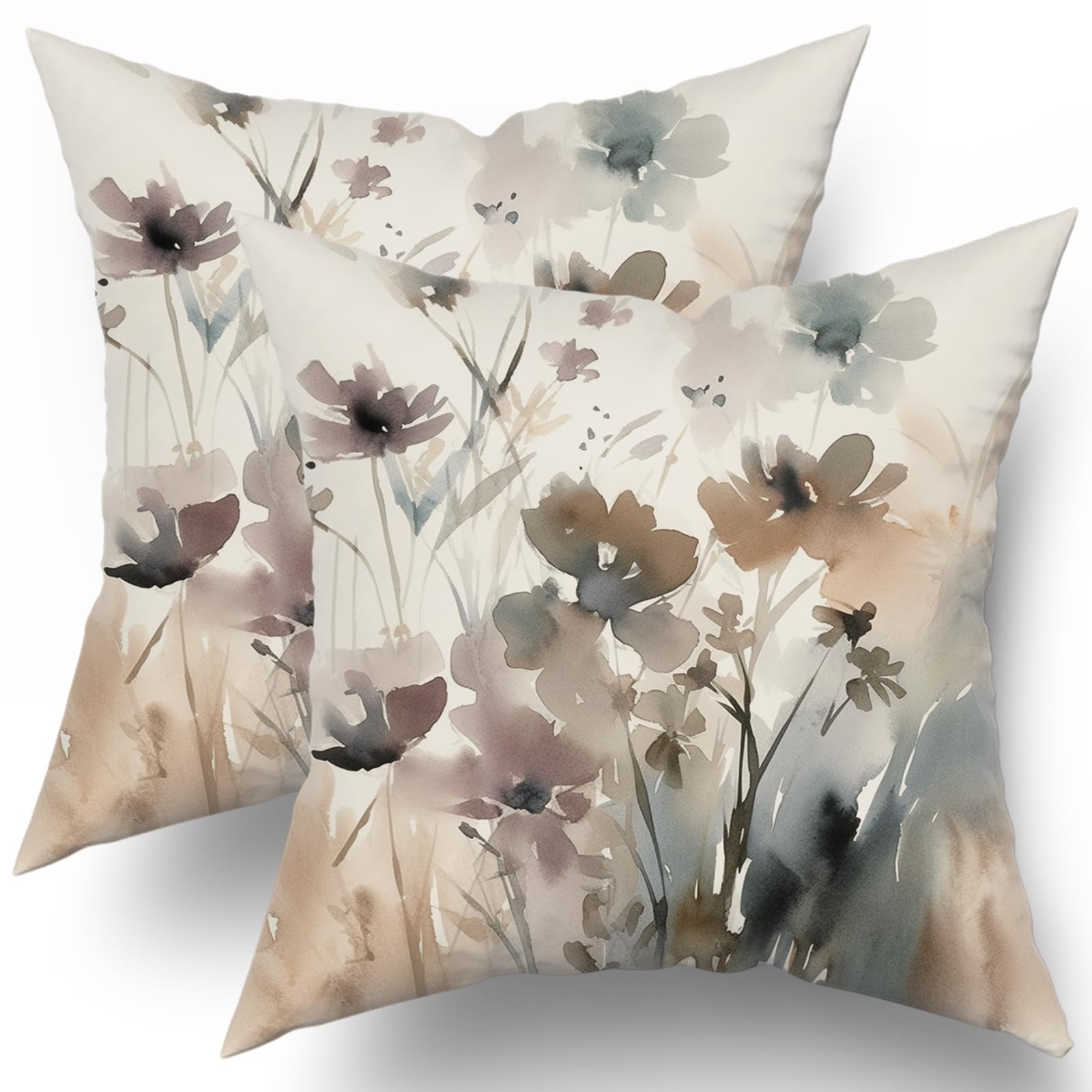 Sweetshow Watercolor Floral Pillow Covers 20x20 Set of 2 Rustic Brown Grey Cream Blue Flower Print Decorative Throw Pillows Outdoor Modern Art PillowCase Cotton Farmhouse Cushion Couch Sofa Bed