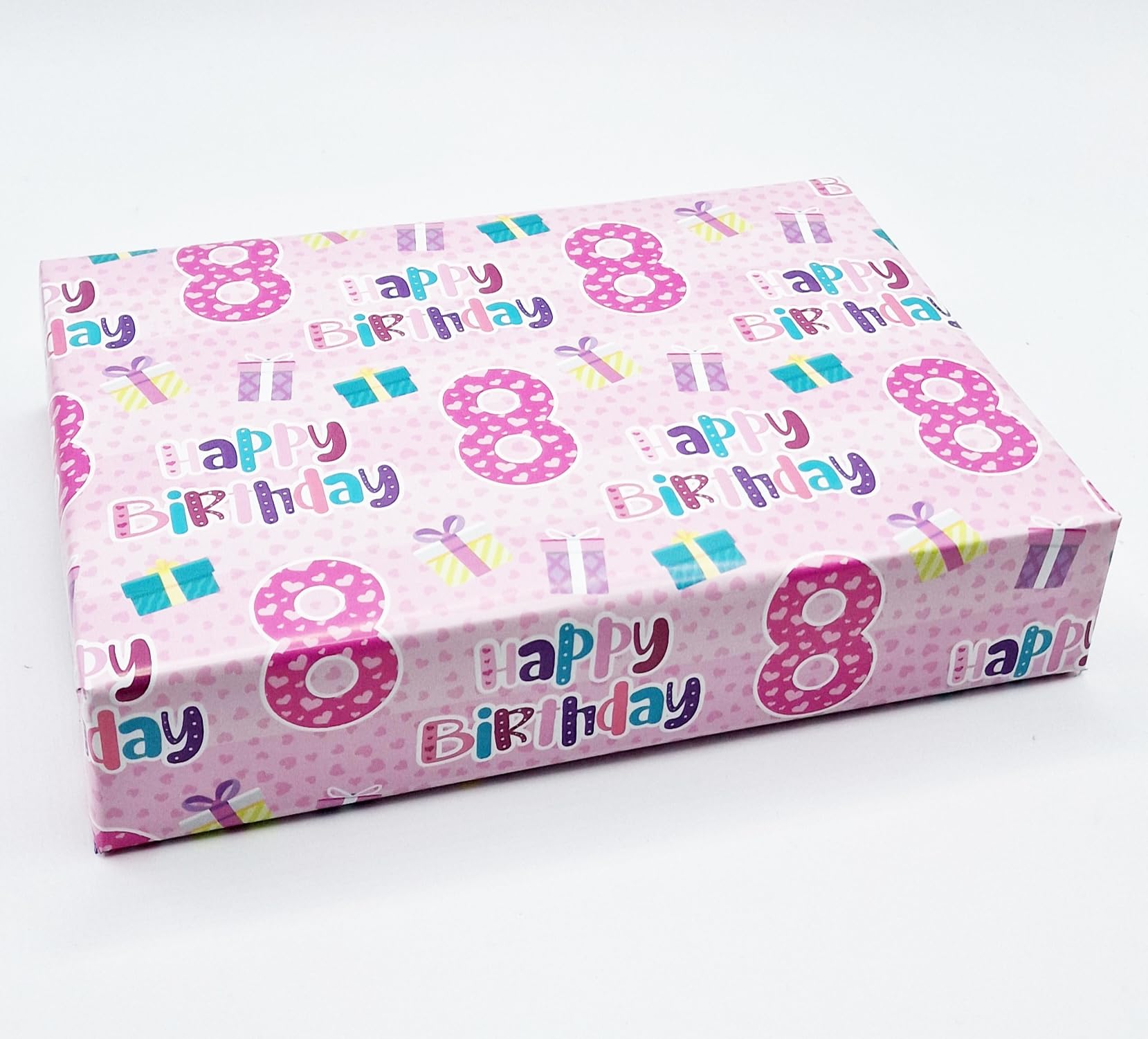 2 Sheets + 2 Gift Tags 8th Birthday Girl Pink Wrapping Paper Age 8 Cute Birthday Giftwrap Pink (PA)
