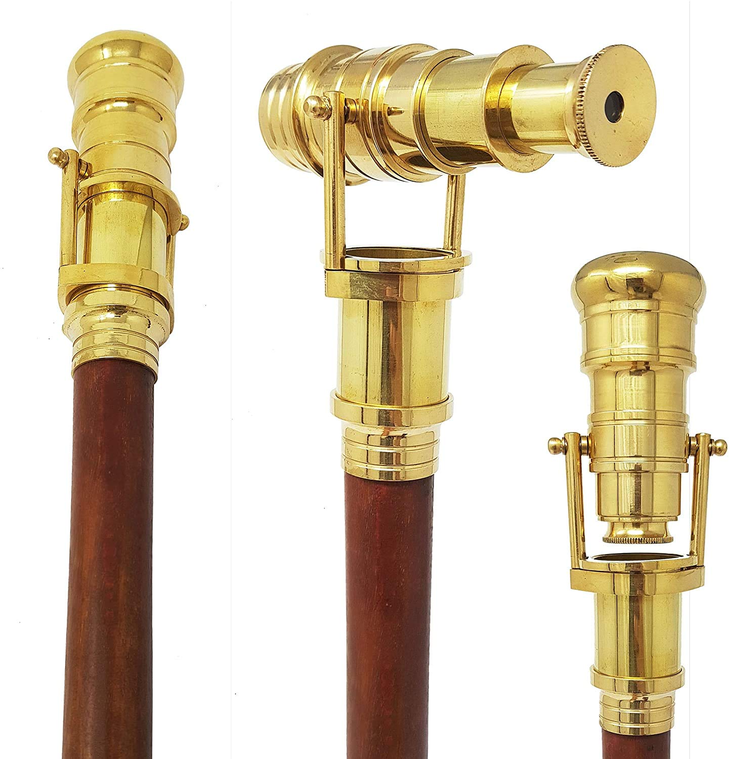 Brass Handle Victorian Telescope Foldable Wooden Walking Cane Ideal Vintage Gift Men Women Father Mother (Telescope)