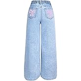 WDIRARA Girl's Bow Print Baggy Jeans Wide Leg Y2k Elastic High Waist Denim Pants