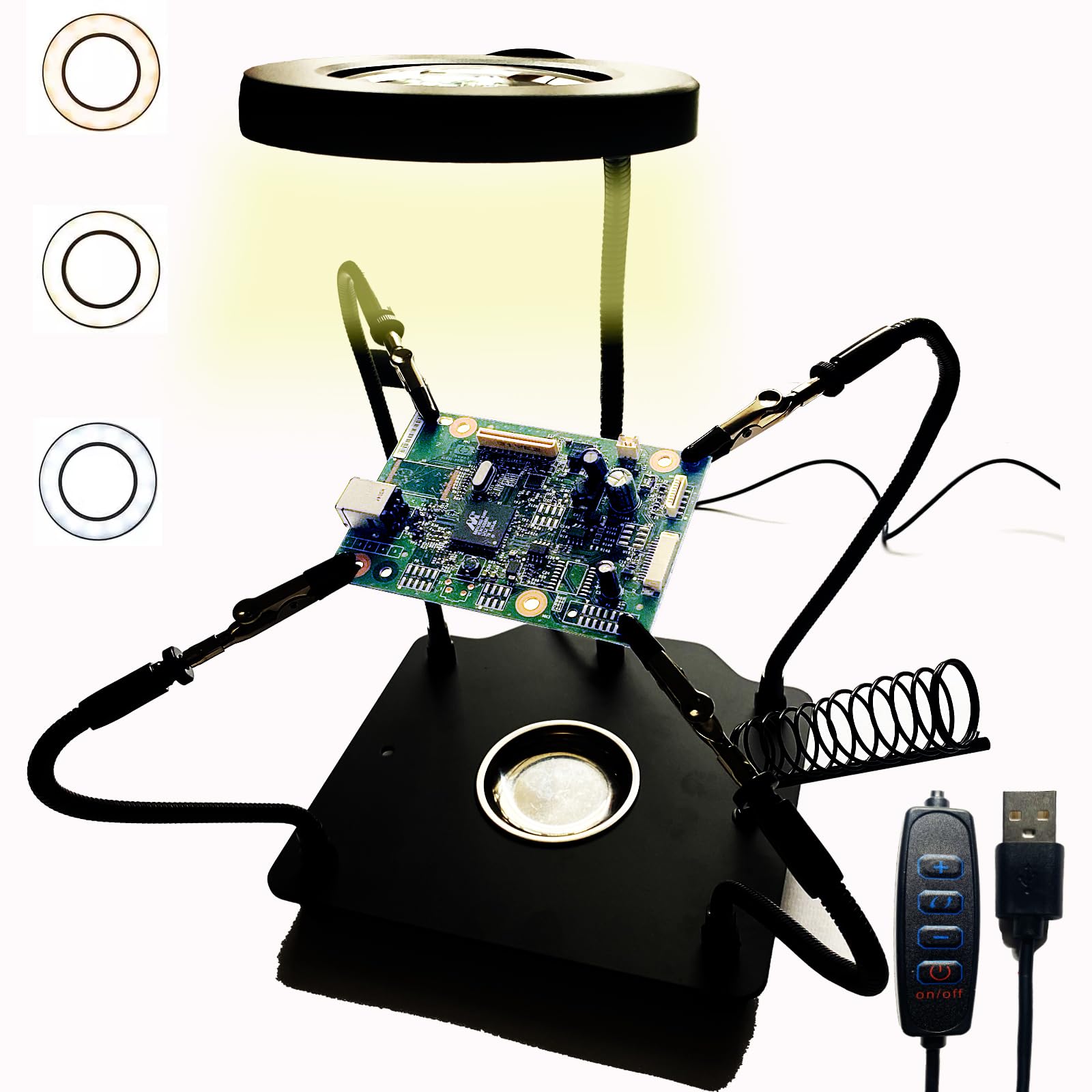 Soldering Station Helping Hands with Magnifying Glass with Light Solder Tool Third Hand Welding Kit PCB Holder Heavy Duty Base Plate | Four Flexible Arms