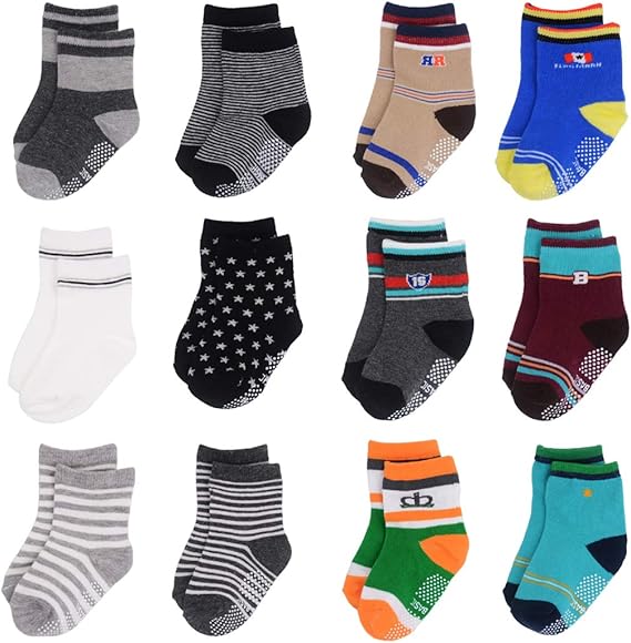 12 Pairs Baby Toddler Socks with Grips Non Skid Anti Slip Ankle Socks for Walker Toddler Kids 12