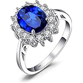 JewelryPalace Princess Diana Kate Middleton Class Gemstone Birthstone Sapphire Halo Engagement Rings for Women, Anniversary 14K White Yellow Rose Gold Plated 925 Sterling Silver Promise Rings for Her