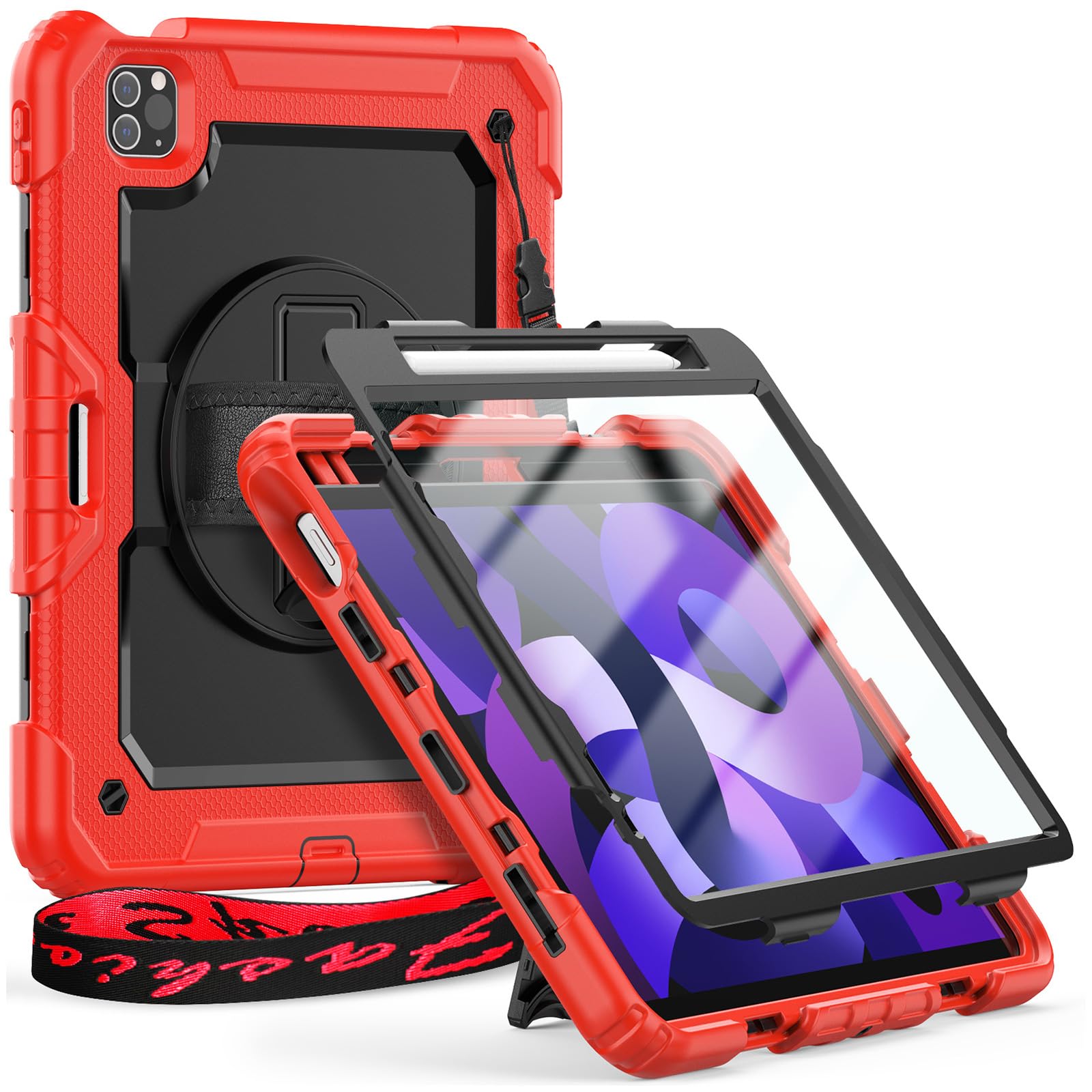 Timecity Case ONLY For iPad Air 5th Generation 2022/ iPad Air 4th Generation 2020, iPad air 10.9 inch case, Sturdy Protection Case with Screen Protector [360 Rotating Stand] Hand Strap, Red