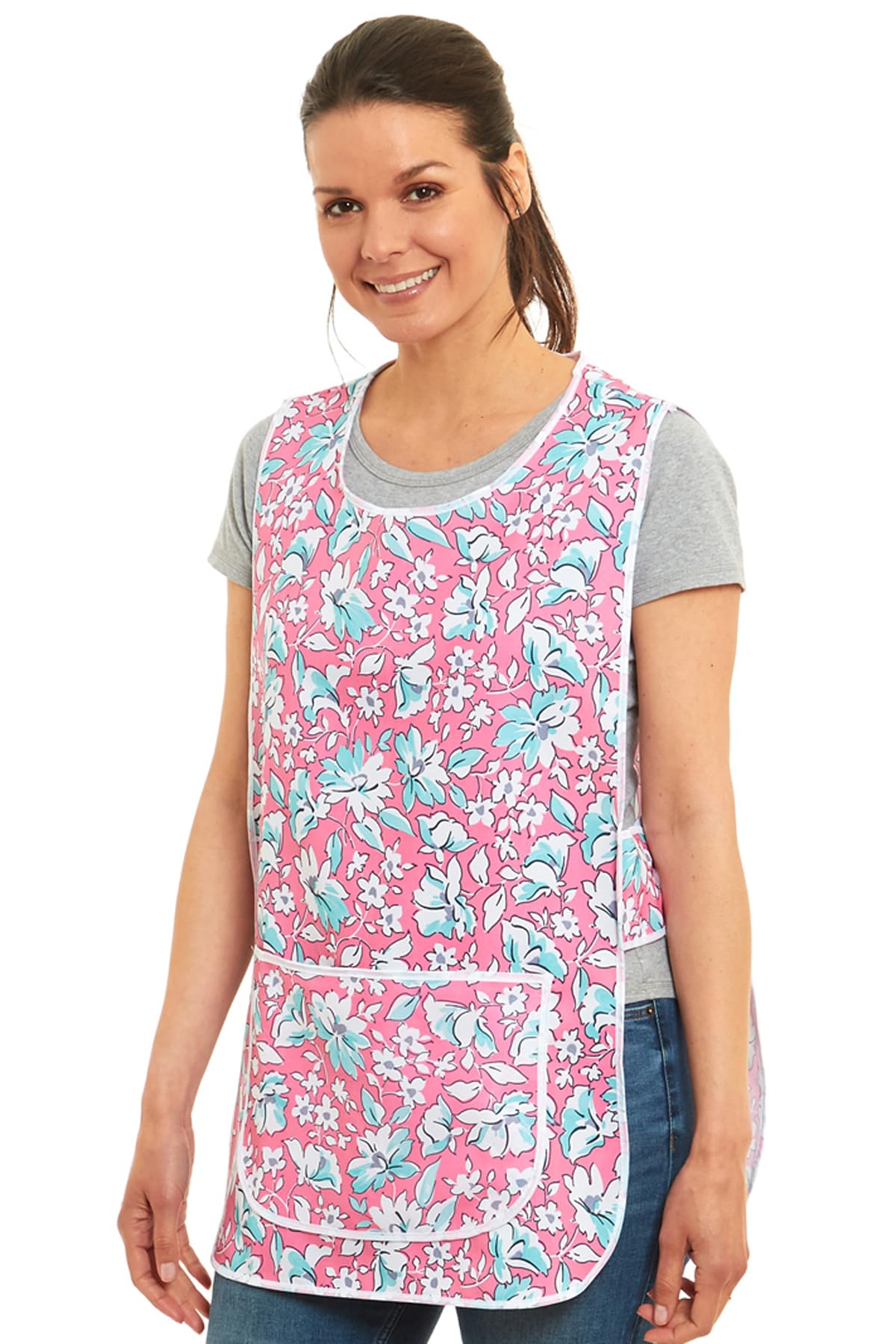 Tesmark Ladies Floral Design With Piping Tabard Apron Overalls Front Pocket Stylish Tabards For Women Casual Aprons For Women Use in Home Kitchen Restaurants Coffee Shops UK Made (L, Pink)