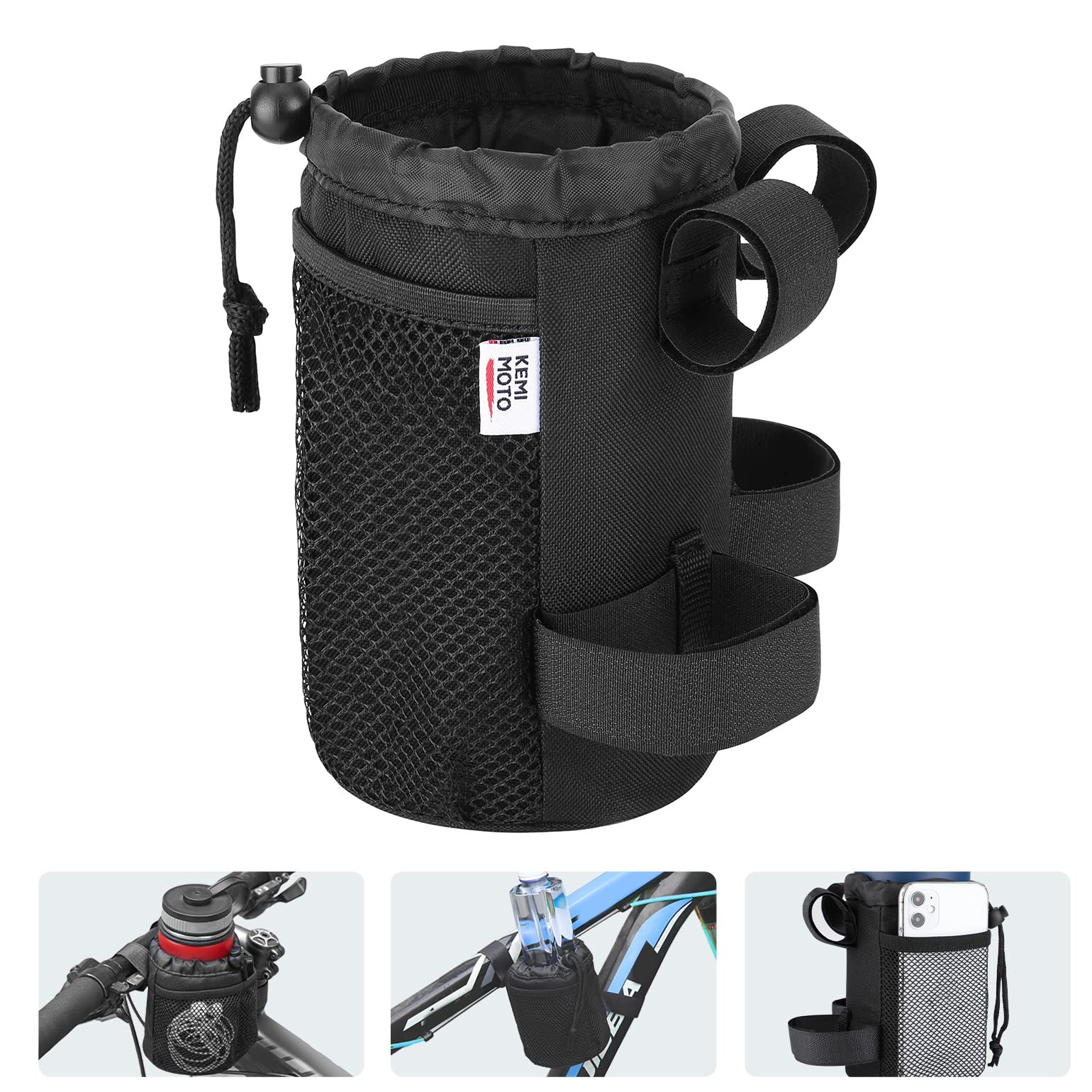 KEMIMOTO 2 Pack Bike Cup Holder, 6.8 Inch Bike Water Bottle Holder, Bicycle Handlebar Drink Cup Holder with Mesh Pockets for Cruiser, Walker, Mountain, Folding, Kids, Road Bikes, Wheelchair up to 32oz