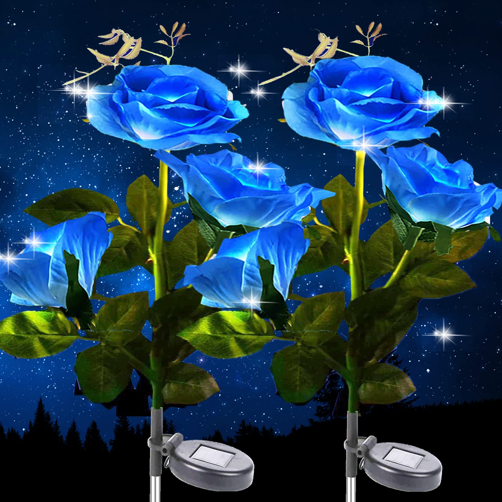 XRR Solar Lights Garden 2Pack Solar Rose Flower Lights Outdoor Solar Stake Lamps with 6 LEDs Waterproof Solar Lights for Lawn,Patio,Yard,Christmas Decoration (Blue)