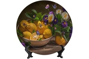 LIGUTARS Still Life Fruit Decorative Ceramic Plate, 10 Inch, Flower Lemon with Stand Decorative Dish for