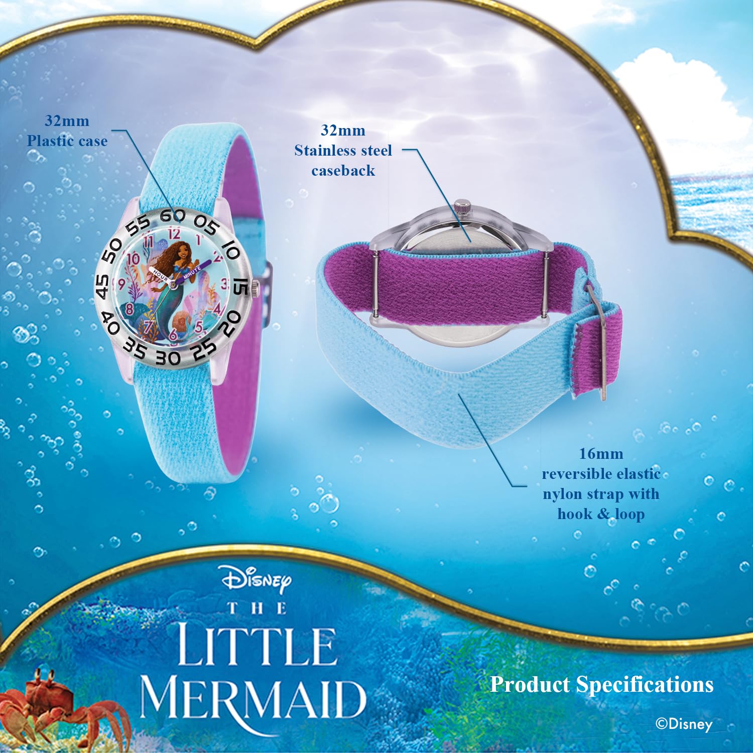 Disney Little Mermaid Watch for Girls Ages 4–7 Featuring Ariel Princess Gift for Kids Learning to Tell Time – Character Dial, Clear Bezel with Black Numbers, Blue Nylon Strap with Velcro
