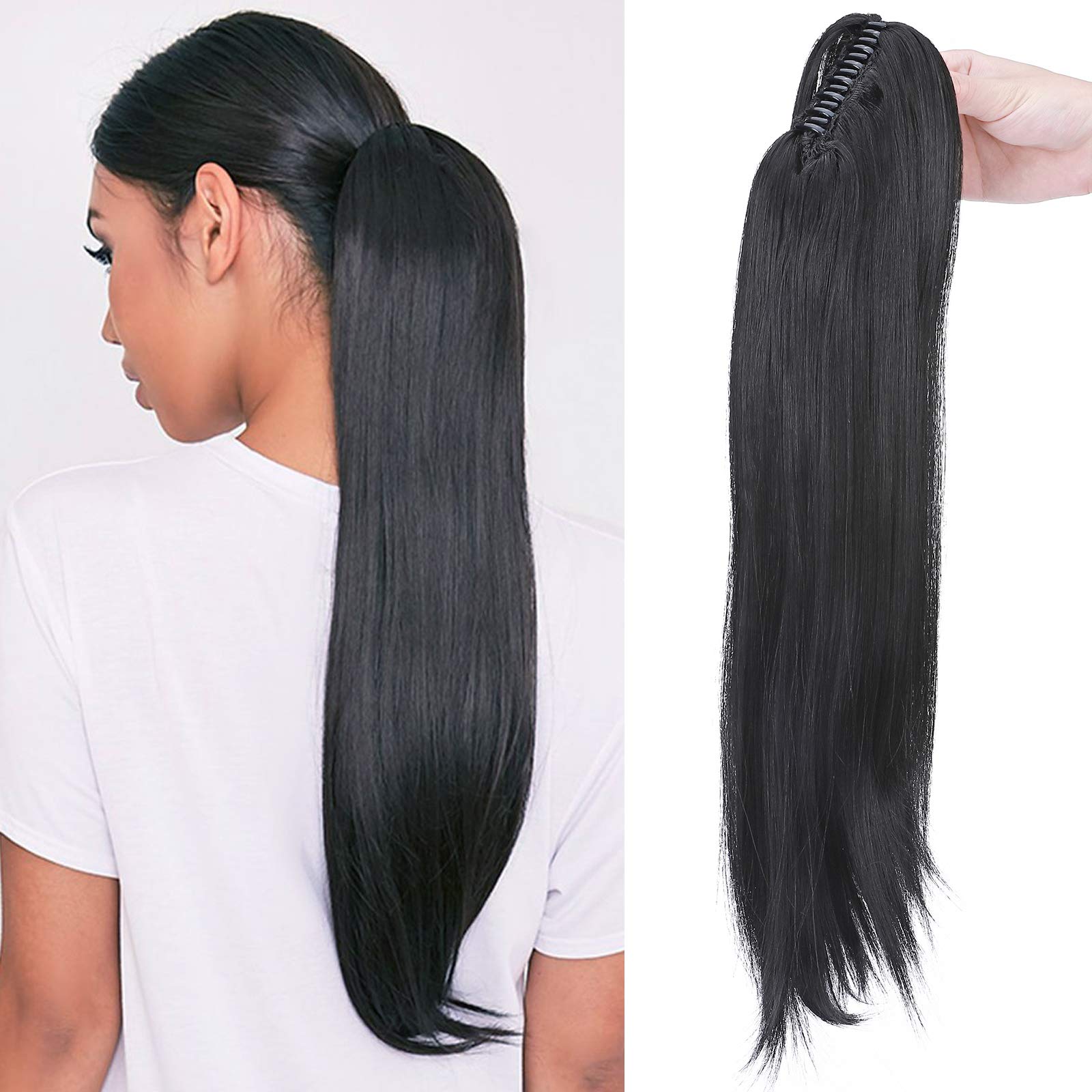 22" Claw On Ponytail Extensions Slightly Wavy Tails Clip In Hairpieces Long Curly Ponytail Synthetic For Women Ladies, Dark Black