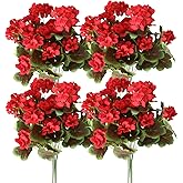 4PCS Realistic Outdoor Artificial Fake Geraniums Silk Flowers Plants, UV Resistant, No Fade, Look Real Outside Faux Plastic Greenery Red Flowers for Garden Porch Patio Window Box Hanging Planter