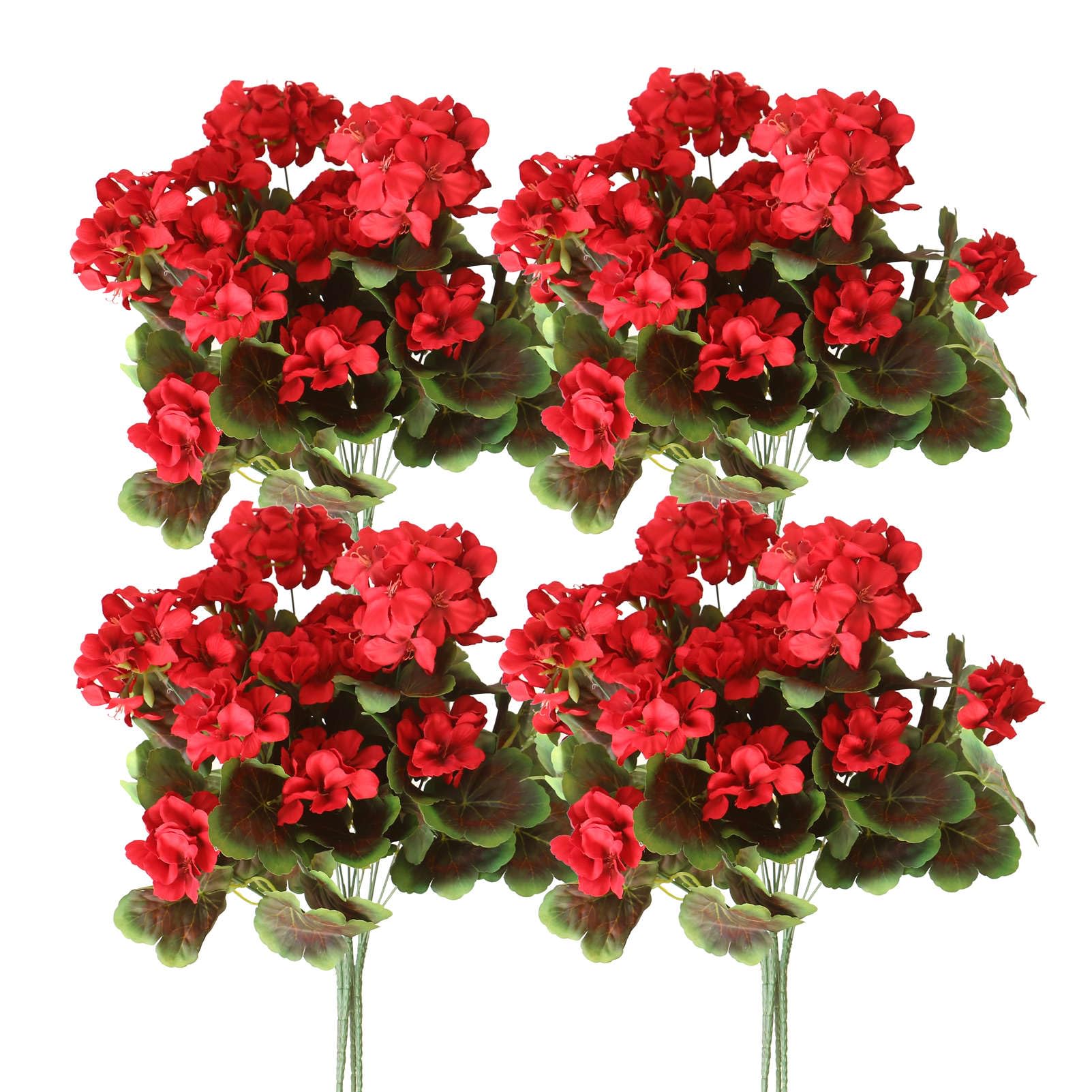 4PCS Realistic Outdoor Artificial Fake Geraniums Silk Flowers Plants, UV Resistant, No Fade, Look Real Outside Faux Plastic Greenery Red Flowers for Garden Porch Patio Window Box Hanging Planter