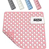 HITSLAM Shower Mat Anti Slip, 21x21 Inch No Odor Soft TPE Bathroom Shower Stall Floor Mat, Square Bath Mat for Tub Non Slip with Suction Cups and Drain Holes, Machine Washable, Soft on Feet, Pink