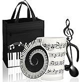 Tioncy 3-piece Music Teacher Appreciation Gift Set - Ceramic Musician Coffee Mug with Lid & Stainless Steel Music Note Spoons - Piano Keys Waterproof Oxford Cloth Handbag for Christmas Lovers Women
