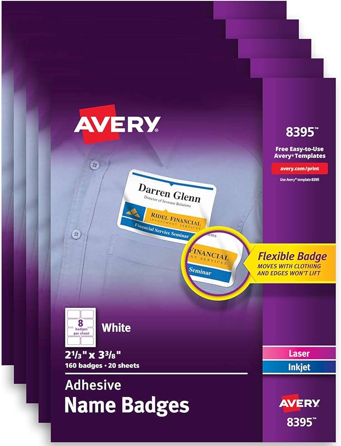 Avery White Adhesive Name Badges, 21/3" x 33/8", Case Pack of 5 (8395