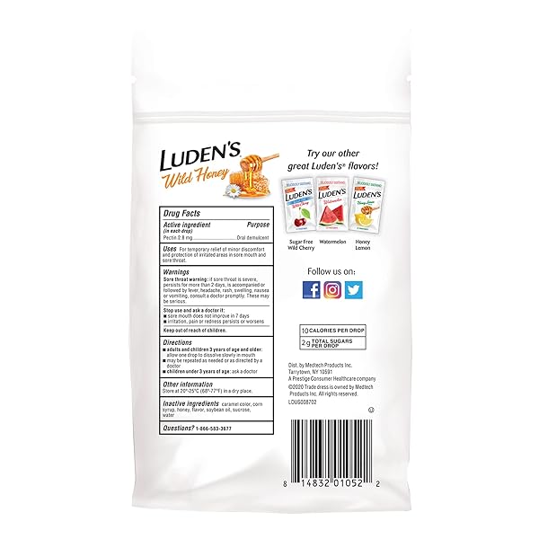 LUDEN’S DELICIOUSLY SOOTHING THROAT DROPS, WILD HONEY FLAVOR, 30 COUNT