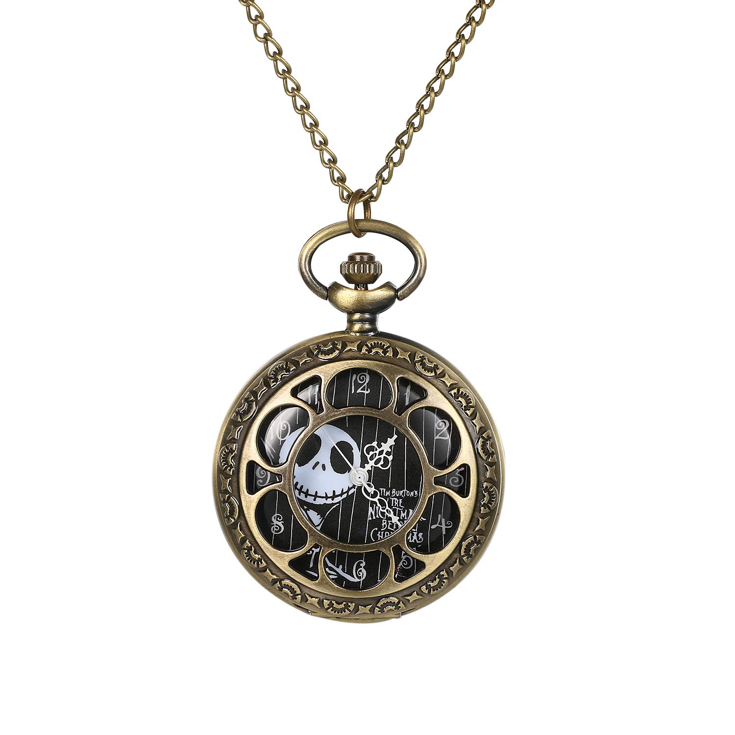 JewelryWe Nightmare Before Christmas Pocket Watch Vintage Pocket Watch with Chain Men Women Necklace Watch for Xmas