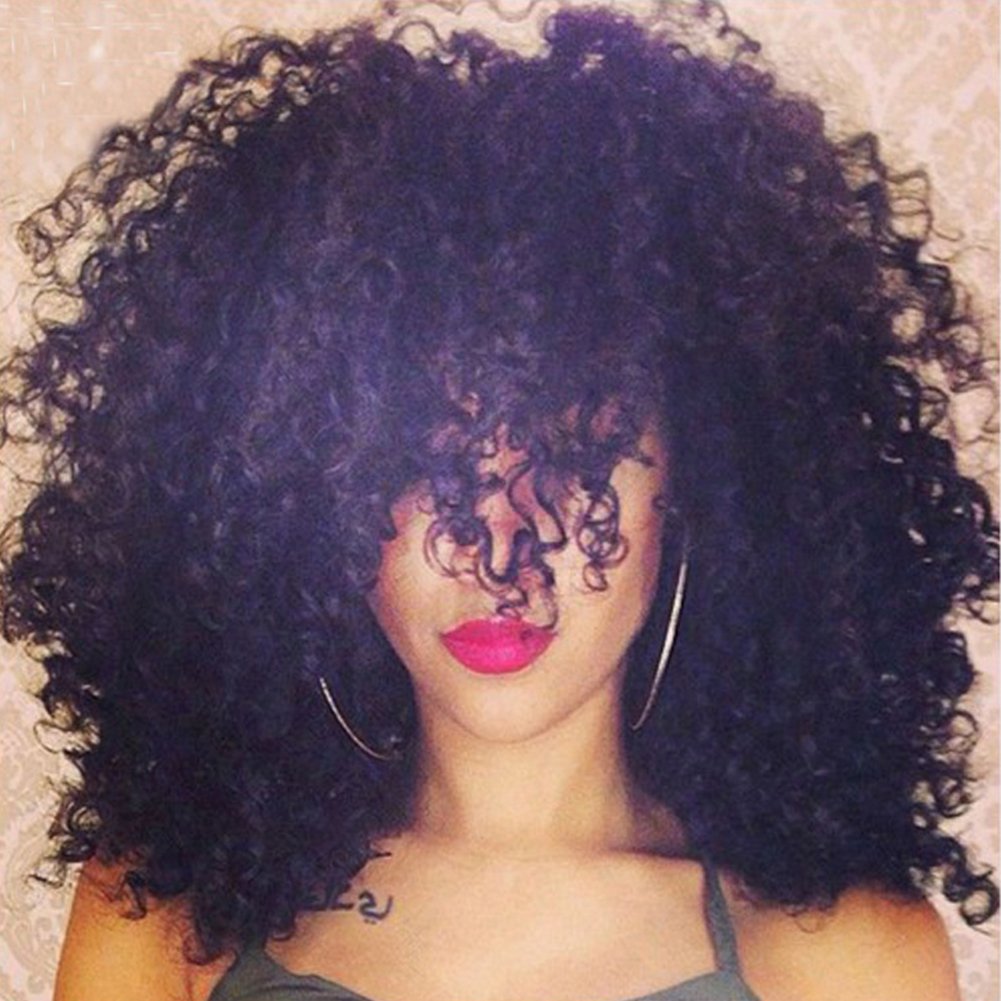 QD Tizer Afro Locken Perücke Synthetik keine Spitzenhaube mit Seide Dichte 61 cm Schwarz Amazon Beauty