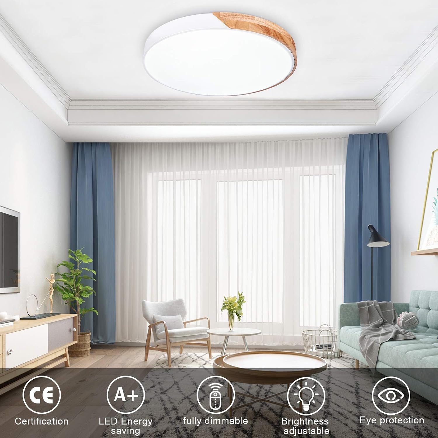 EDISLIVE LED Ceiling Light Dimmable, Modern Flush Ceiling Lights Fitting, Wood Ceiling Lighting for Living Room Bedroom Kitchen Lounge Hallway - Image 3