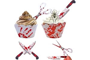 ACANTHA Halloween Cupcake Toppers Wrappers, 72Pcs Halloween Horror Cupcake Wrappers Decoration including Halloween Party Bloody Knifes Scissors, Cupcake Wrappers Pattern