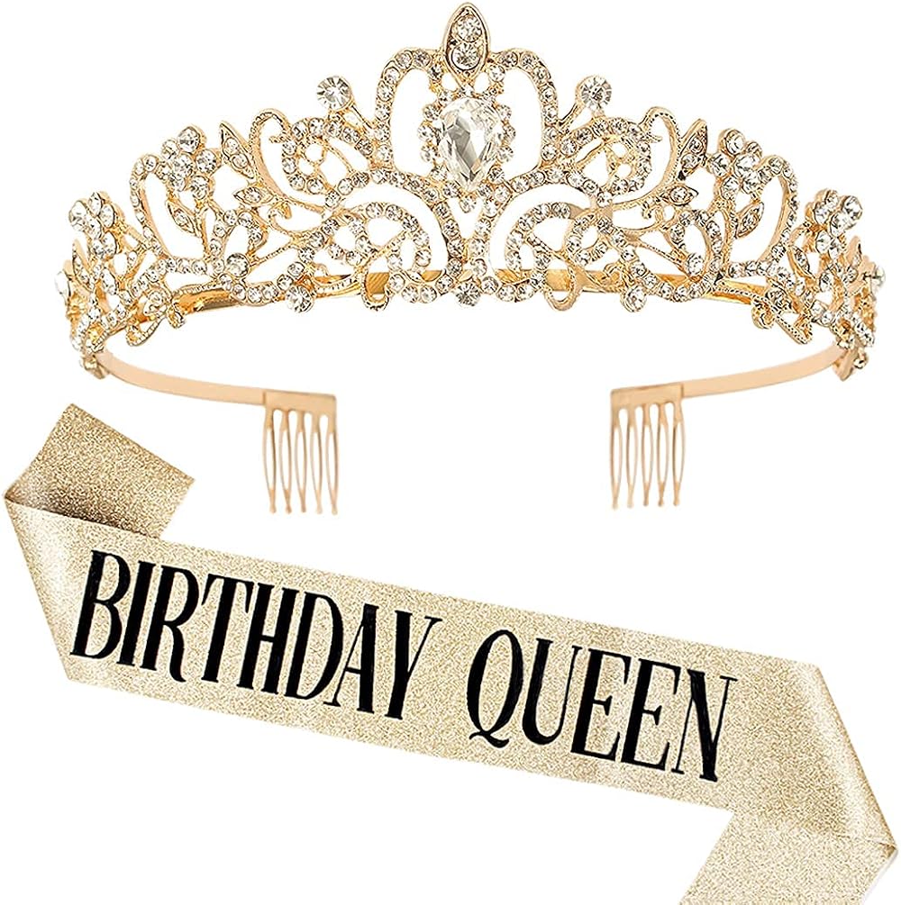 DRESHOW Rhinestone Birthday Tiara Crown & Glitter Sash Queen Girl Set