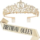 DRESHOW Rhinestone Birthday Tiara Crown & Glitter Sash Queen Girl Set