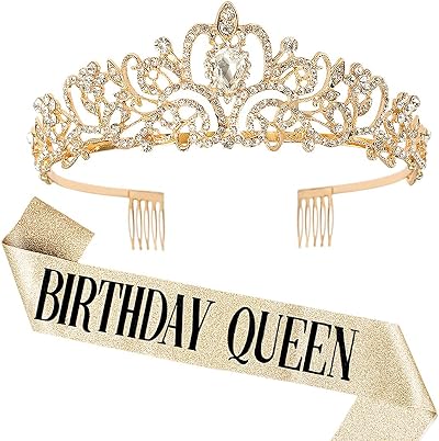 DRESHOW Rhinestone Birthday Tiara Crown & Glitter Sash Queen Girl Set