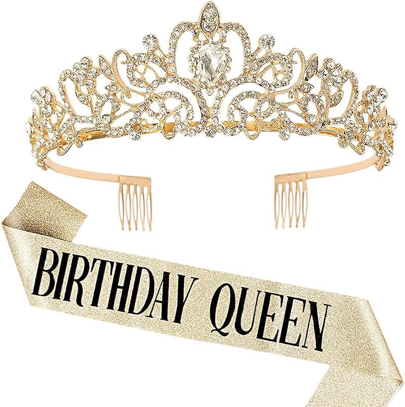 DRESHOW Rhinestone Birthday Tiara Crown & Glitter Sash Queen Girl Set