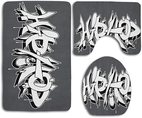 Amazon ヒップホップアーバングラフィティ スプレー反乱軍のティーンスタイルのイラストプリントバスルームバスラグセット3ピース滑り止めフロアマットペデスタルラグ リッドトイレカバー バスマット 50x80cm トイレマット タンクカバー ホーム キッチン