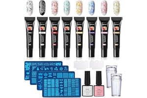 TopDirect 8 Colors Nail Stamping Gel Polish 8ml + 4pcs Nail Stamp Templates + 2 x 8 ml Liquid Latex Peel off Tape + 1 Stampers with 2 Scrapers, Nail Art Kit 36 Design Scraper Plate Print Manicure Tool