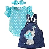 ODIMAME Baby Girl Clothes Suspender Skirt Newborn Ruffled Romper + Elephant Jeans Dress + Headband Summer Outfits 0-18 Months