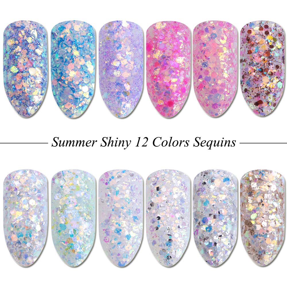 Holographic Nail Glitter Sequins Nail Art Accessories Mixed Colorful 3D Nail Glitter Flakes for Nails Decoration Shiny Nail Sparkle Glitter Designs Mermaid Manicure Tips Charms (12 Colors): Beauty
