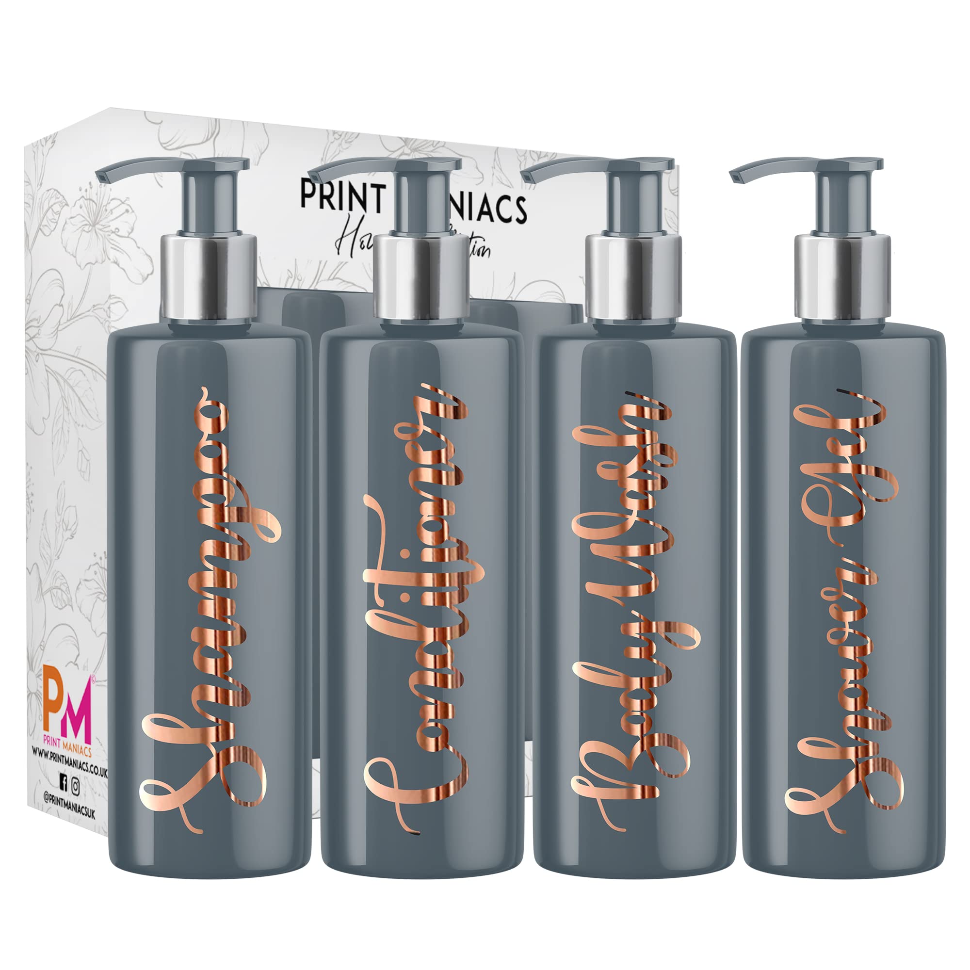 Print Maniacs Grey Mrs Hinch Inspired Personalised 500ml Pump Bottles Bathroom Lotion Kitchen Set Shampoo Conditioner Body Wash (Set 4 Shower Gel)) (Copper)