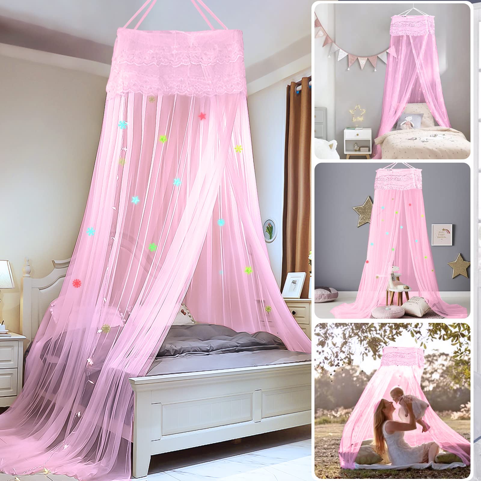Jeteveven Mosquito Net Bed Canopy,260cm Mosquito Net for Bed used for 360°Effective Anti-Mosquito, Flies Insect Protection, Indoor/Outdoor Boys and Girls, Adults Camping Interior Decoration(Pink)