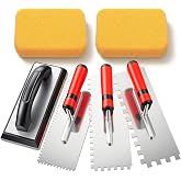 Kuyeyzu 6 Pcs Tile Tools Set Stainless Steel Square Notch Tile Trowel 5/32 5/16 1/2 Inch with Rubber Grout Float and Grout Sponge Tiling Installation Grouting
