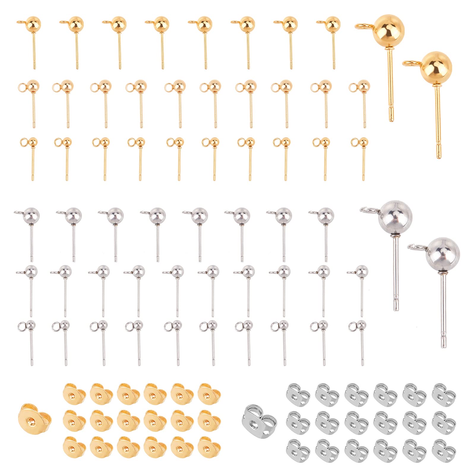 SUNNYCLUE 1 Box 60Pcs 6 Styles Ball Ear Studs Stainless Steel Earrings Post Round Ball Metal Stud Hypoallergenic with Loop Ear Nuts for Man Women Styling Dangle Findings, Golden Silver