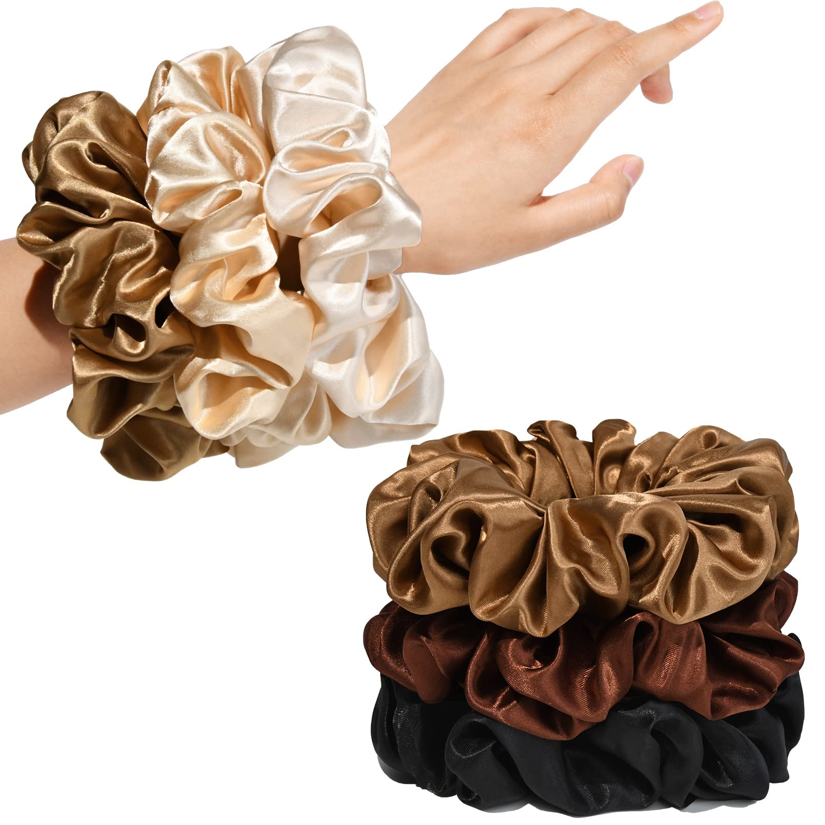 Photo 1 of CEELGON Large Silk Satin Scrunchies for Women Big Scrunchies Jumbo Satin Hair Ties Oversized Hair Scrunchies for Thick Curly Hair Pack of 6 (Black,Champagne,Brown,Gold)