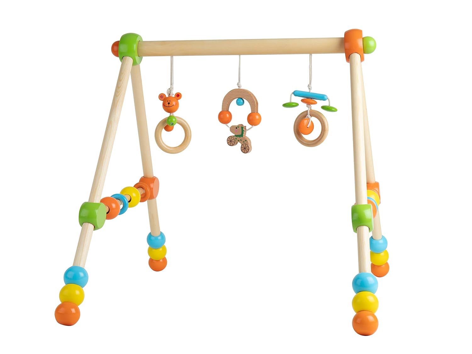Bieco Spieltrapez | Spielbogen für Babys -Figuren, Rasseln, Kugeln- Höhenverstellbar | Spielebogen Holz Baby | Spieltrapez Holz | Baby Mobile Holz | Activity Center Baby Gym | Holzspielzeug Baby
