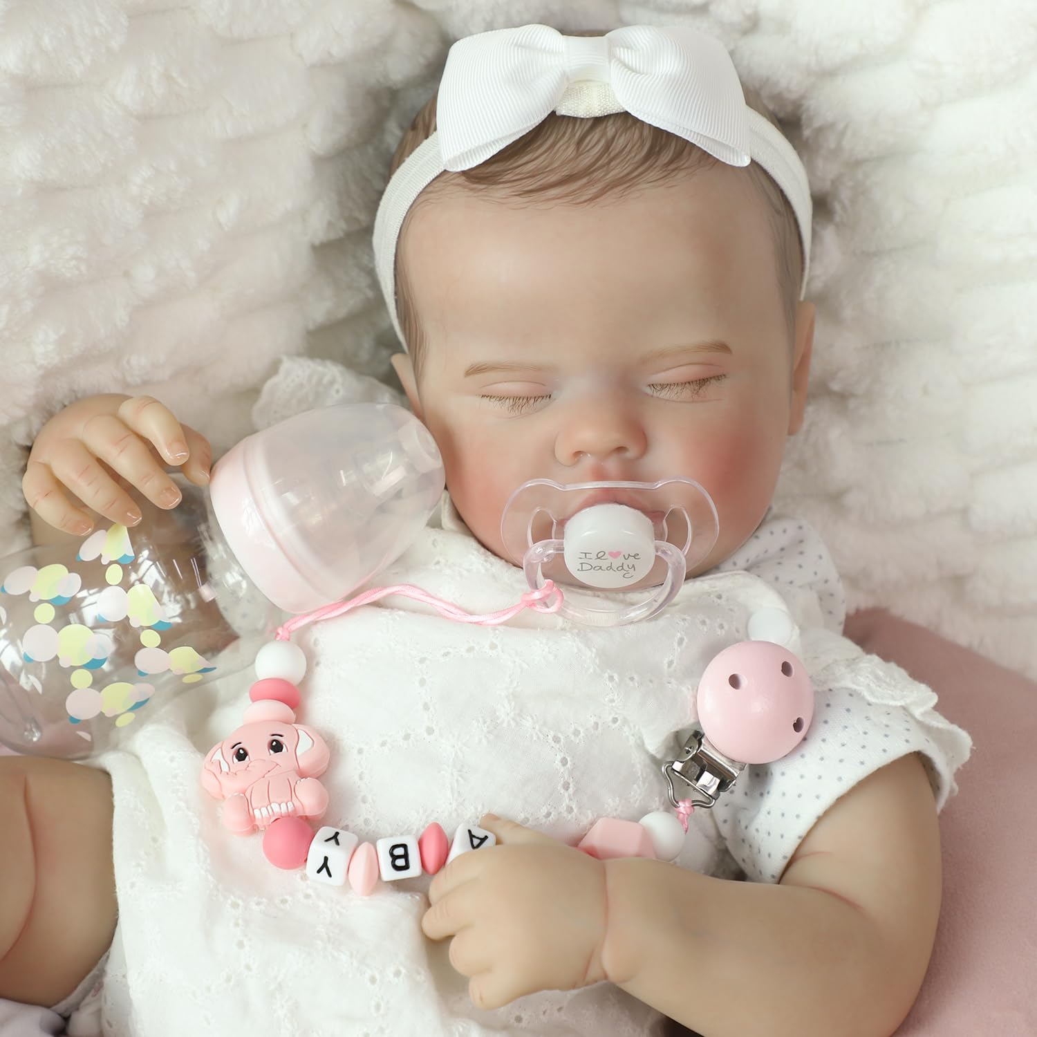 SCOM Reborn Baby Dolls Accessories Set - Rainbow Transparent Magnetic Pacifiers & Removable Reusable Baby Doll Bottles with Silicone Pacifier Clips for Reborn Dolls Girls, Pink Style, 3 Pcs